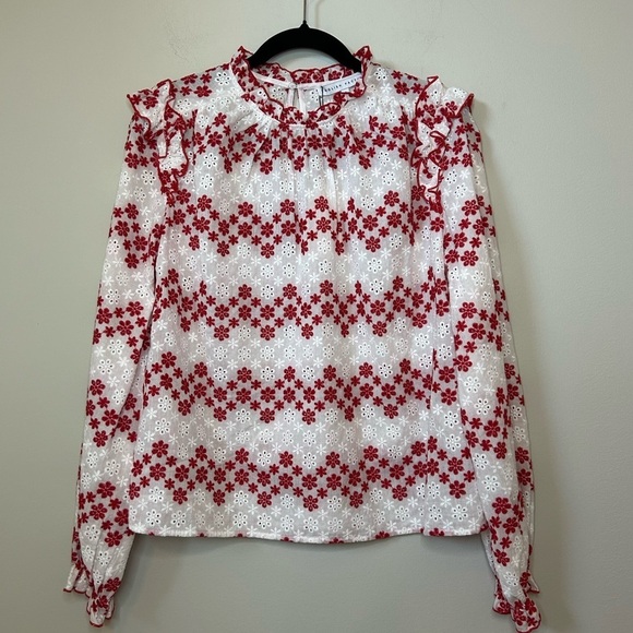 *NWT* English Factory Ruffle Floral Eyelet Blouse Top White Red - Picture 1 of 7